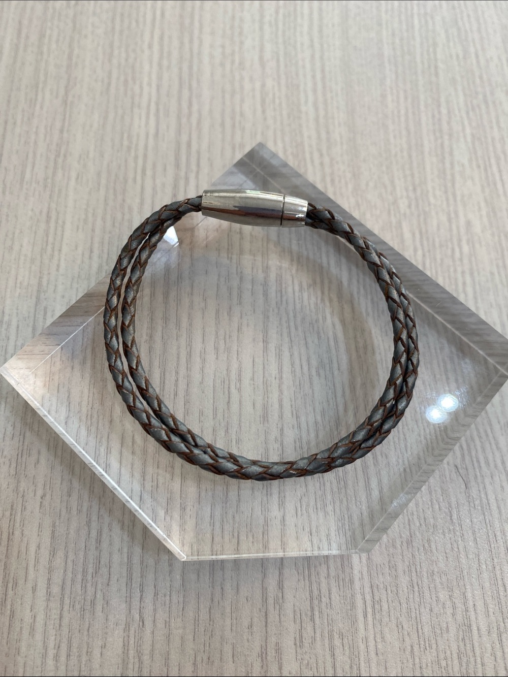Braided Leather Bracelet with Silver Magnetic Clasp - Brown